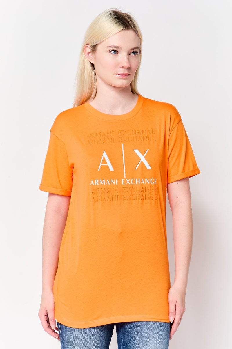 Armani Exchange Women Crew Neck Short Sleeve Graphic Print T-Shirt, Orange - Image 1